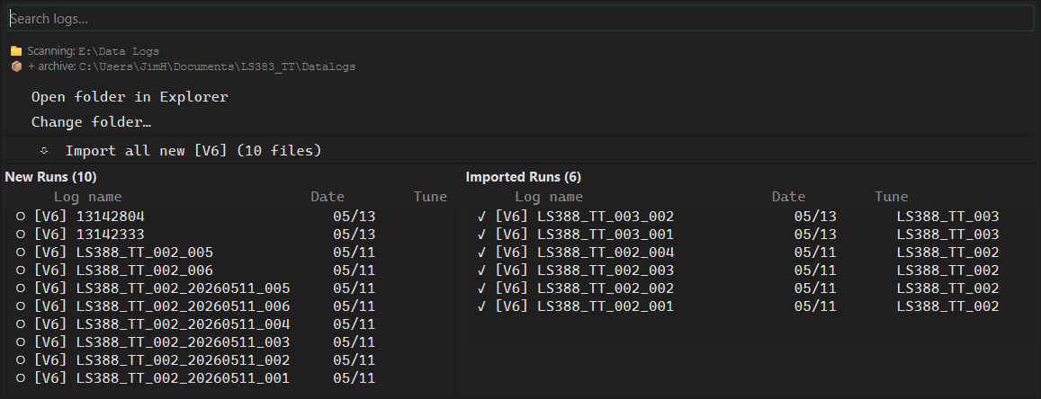 Tunelyzer log selector showing new and previously-loaded datalogs with V6 and TX ECU badges