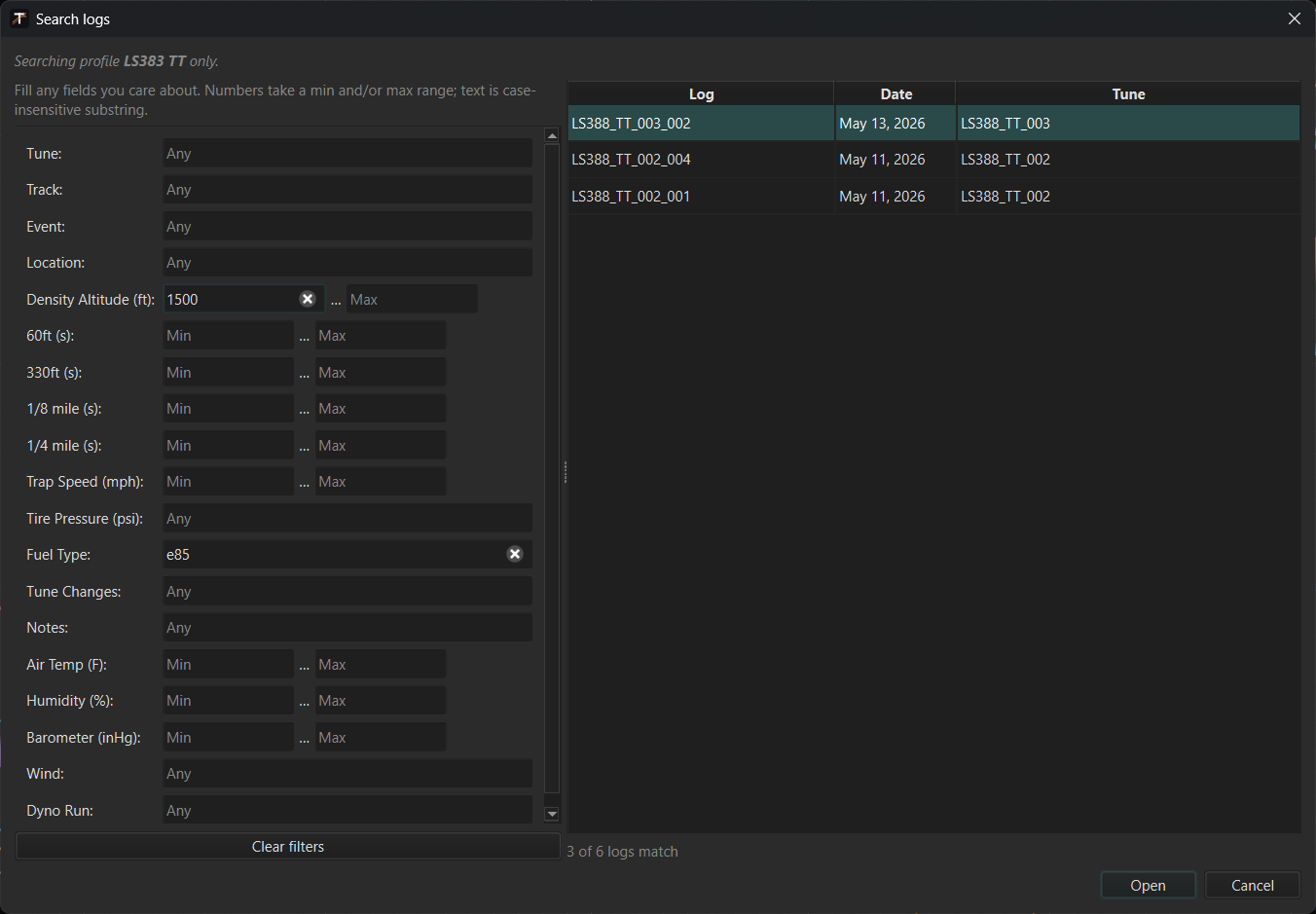 Tunelyzer Search Logs dialog filtering by fuel type with a live 3-of-6 match count